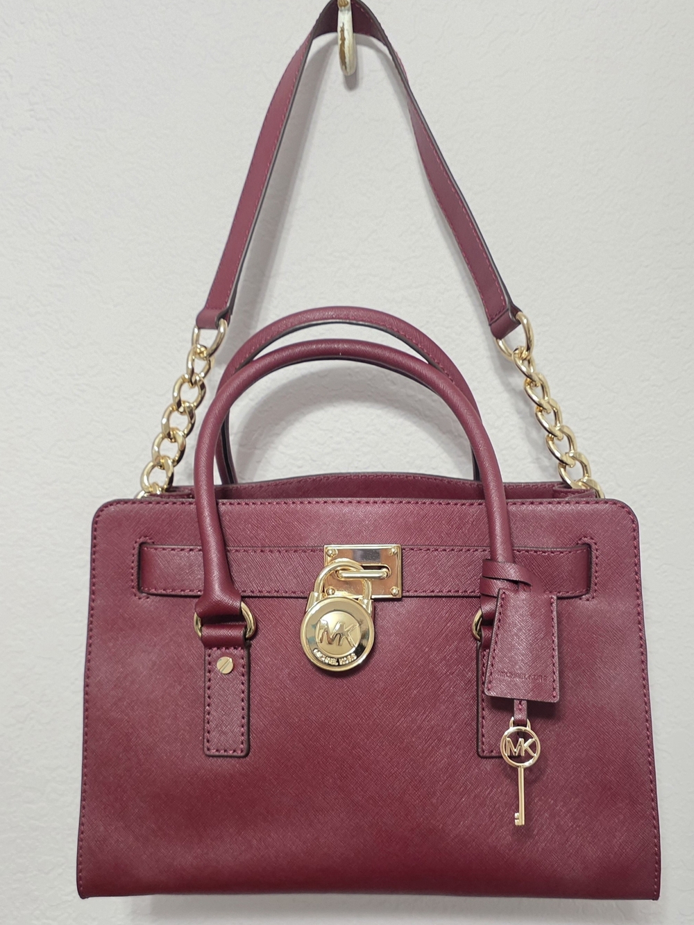 Michael Kors Wine Saffiano Leather Satchel with Gold Hardware